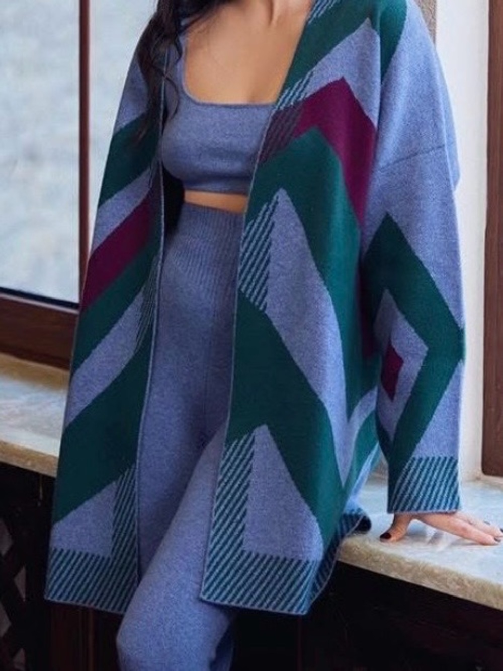 Casual Open-Front Geometric Knit Cardigan - Blue/Green
